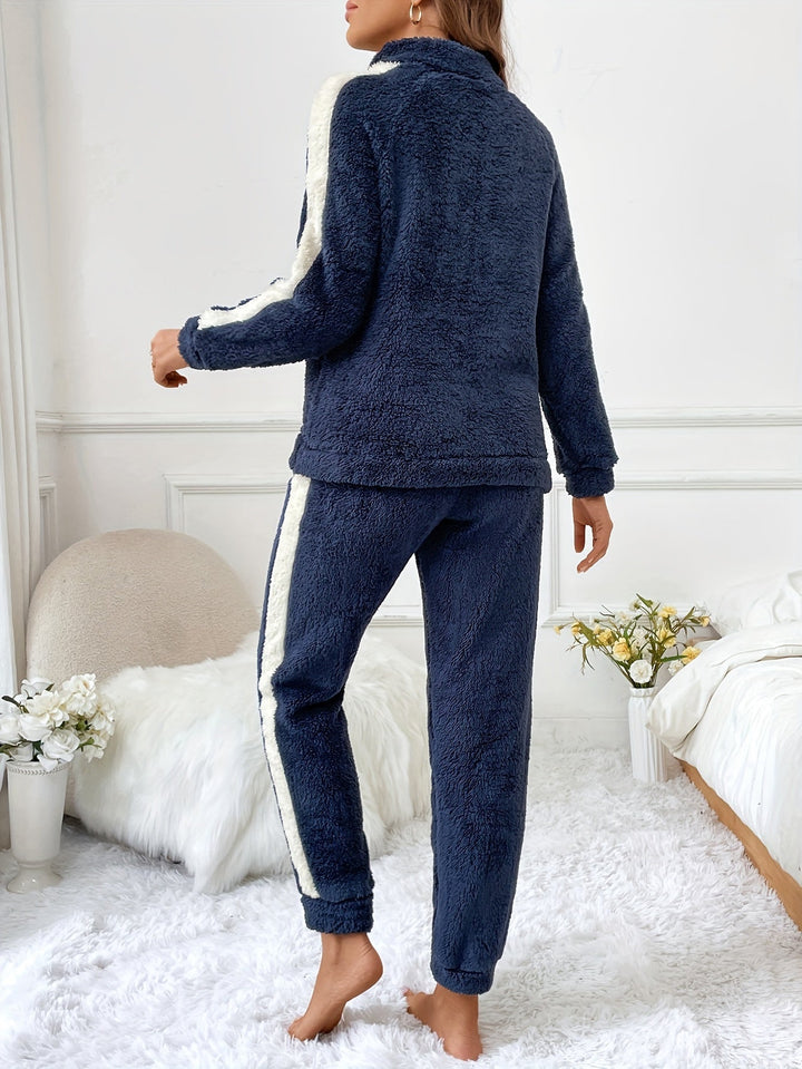 Soft Plush Lounge Pyjama Set with Colour Accents - Lyra-Brown-S-State of Style