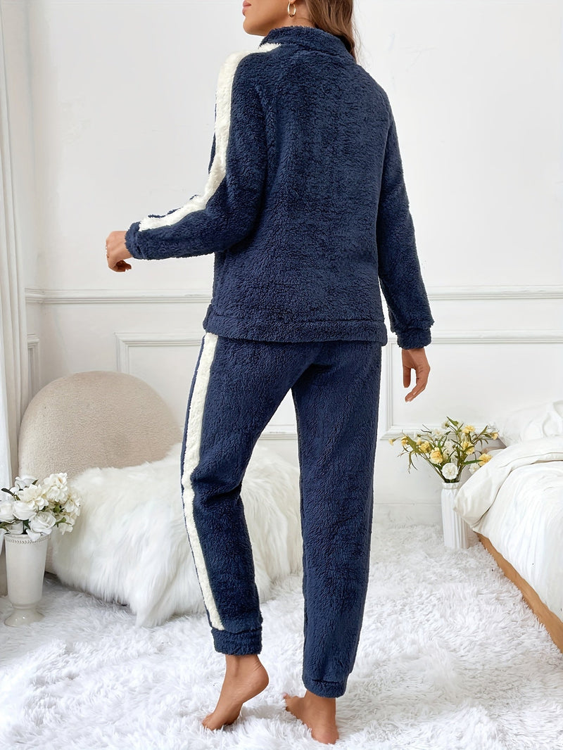 Soft Plush Lounge Pyjama Set with Colour Accents - Lyra-Brown-S-State of Style