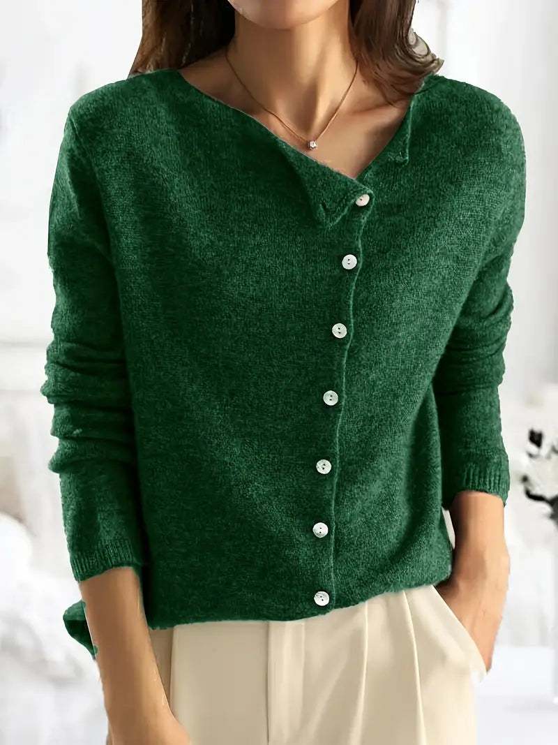 Solid Asymmetrical Buttoned Cardigan - Sienna-Dark Green-S-State of Style