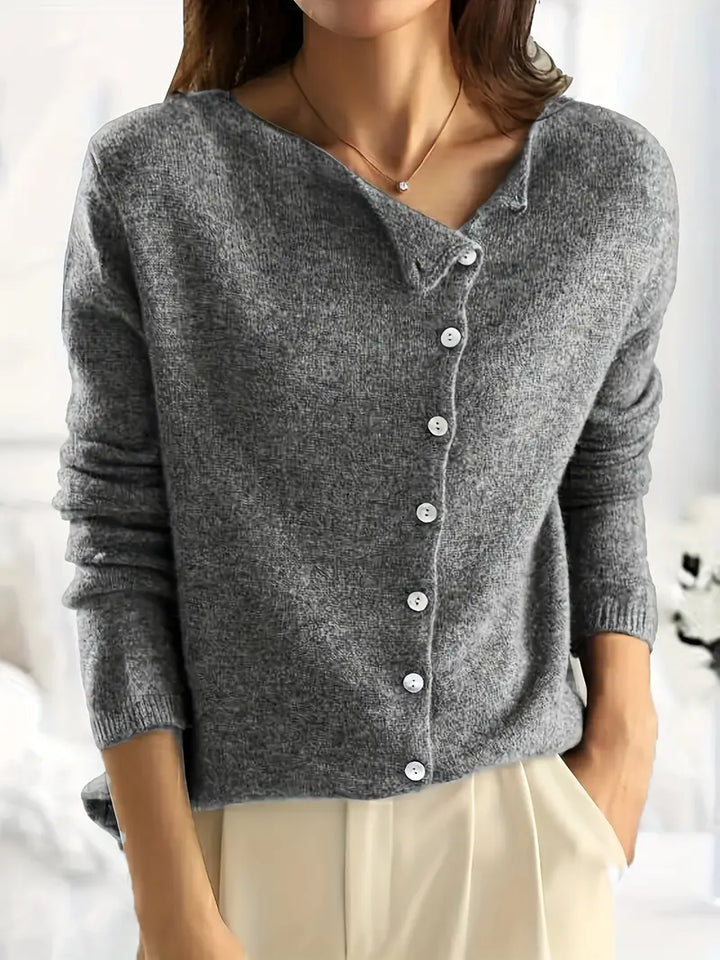 Solid Asymmetrical Buttoned Cardigan - Sienna-Dark Grey-S-State of Style