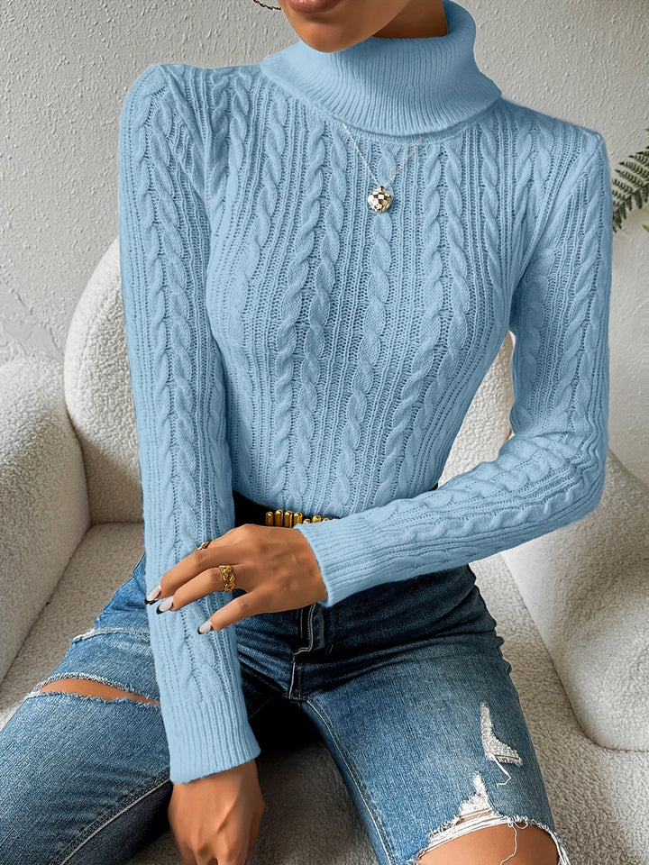 Solid Cable Knit Turtleneck Jumper for Women - Amara-Light Blue-S-State of Style