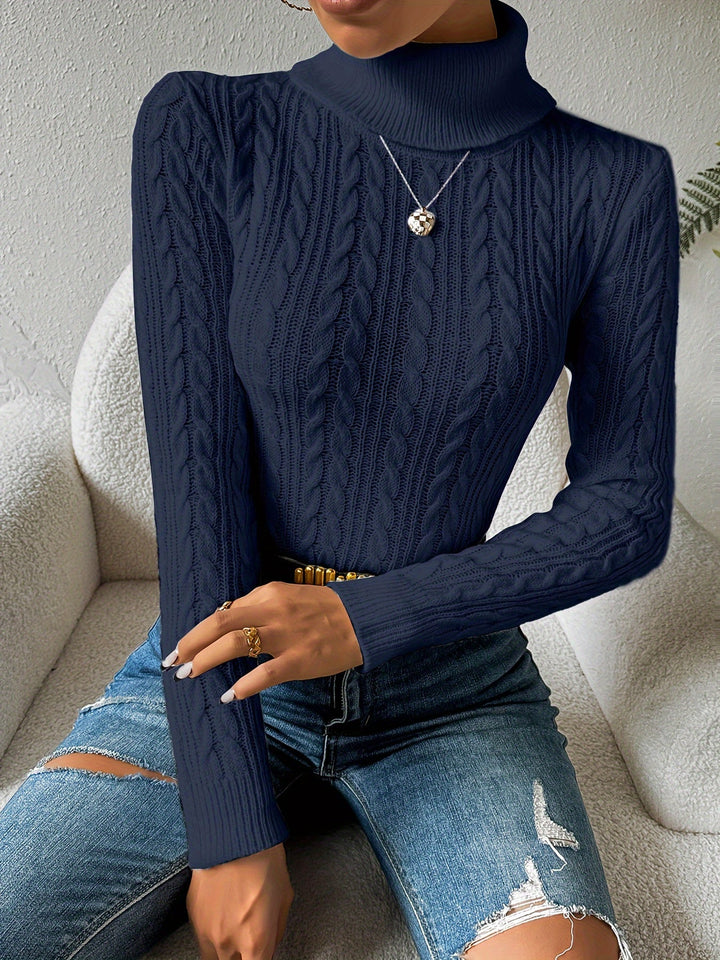 Solid Cable Knit Turtleneck Jumper for Women - Amara-Navy-S-State of Style
