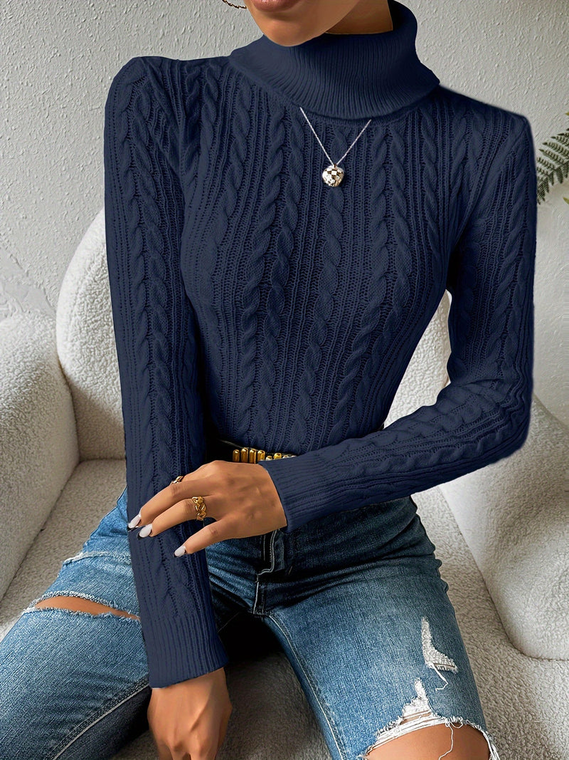Solid Cable Knit Turtleneck Jumper for Women - Amara-Navy-S-State of Style