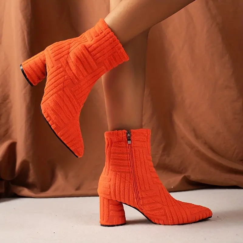 Solid-Coloured Women's Boots with Block Heel - Selene-Orange-5-State of Style