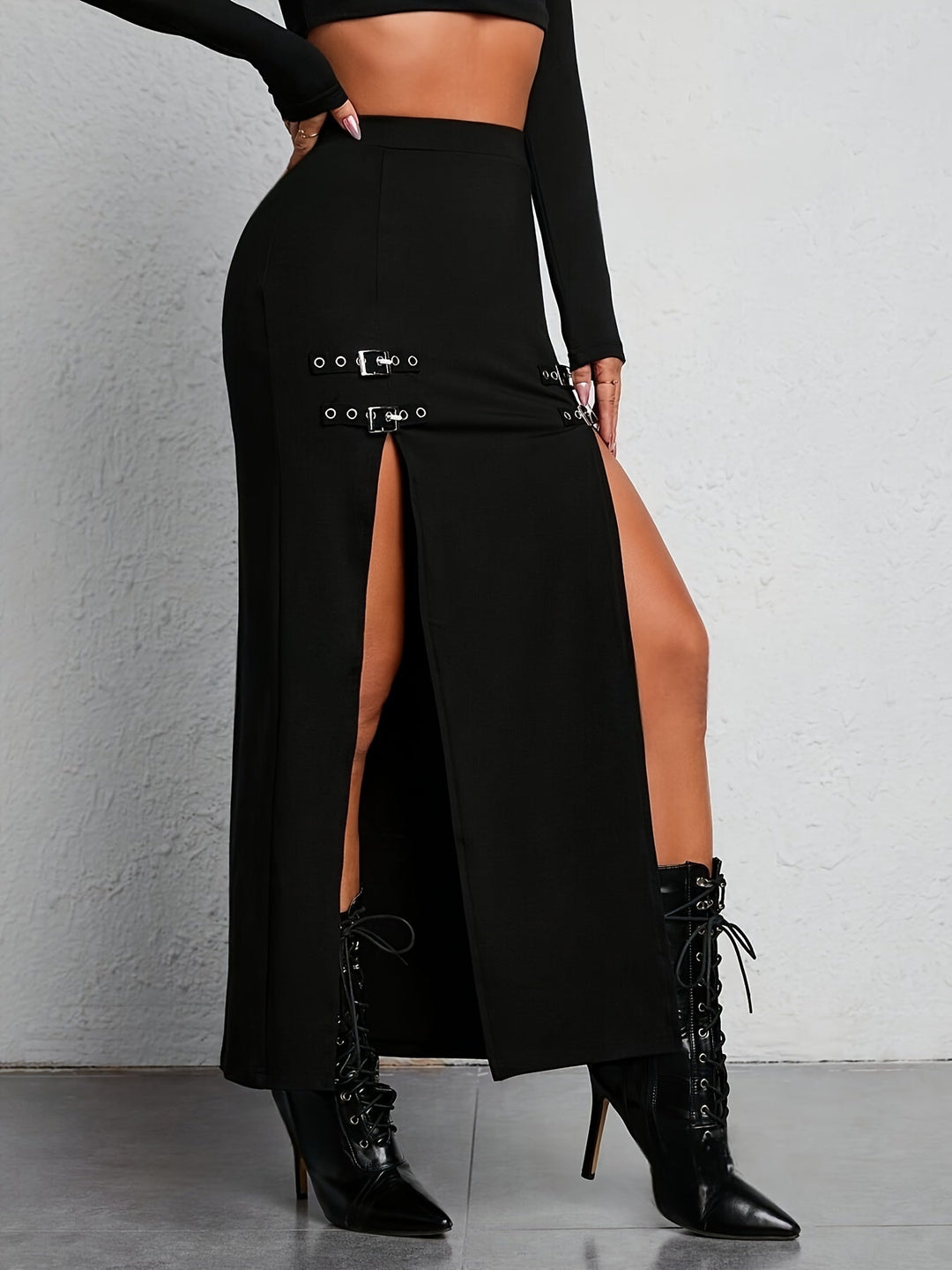 Sophie High-Waisted Split Skirt - Black-S-State of Style