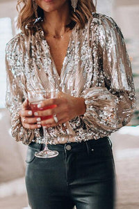 Sparkling & Stylish Women's Glitter V-Neck Long Sleeve Top – Naya-XS-State of Style