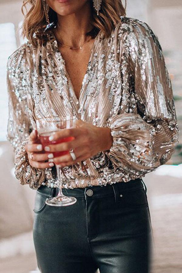 Sparkling & Stylish Women's Glitter V-Neck Long Sleeve Top – Naya-XS-State of Style