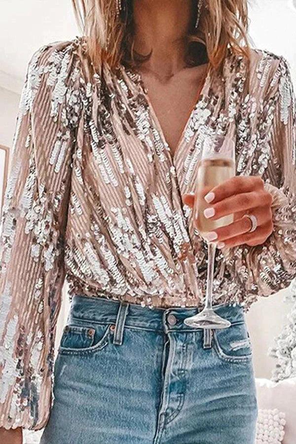 Sparkling & Stylish Women's Glitter V-Neck Long Sleeve Top – Naya-XS-State of Style