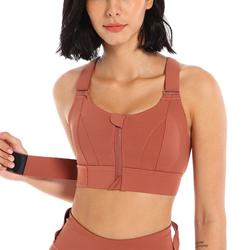 Sports bra with zip & back support – buy 1, get 1 free – Livia-Brick red-S-State of Style