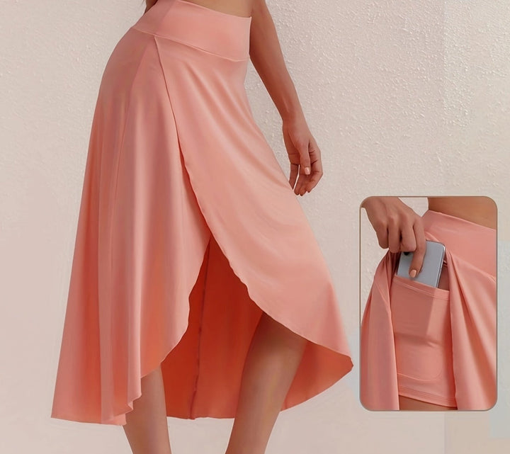 Sporty women's skirt with a high waistband & asymmetric cut – Alexia-Coral-S-State of Style