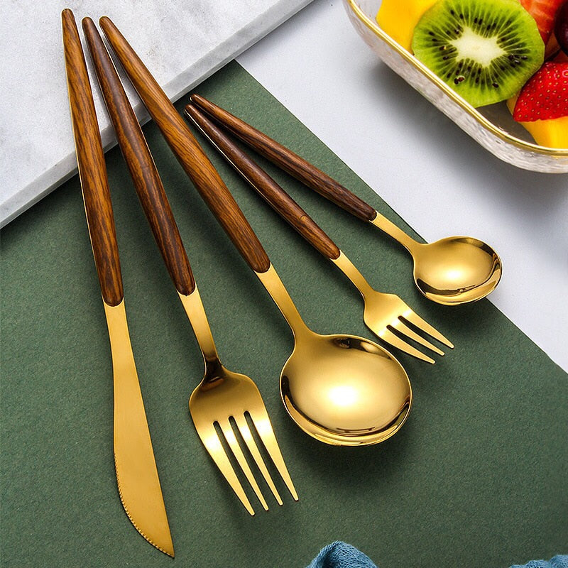 Stainless Steel Cutlery Set with Wooden Handle - WoodCraft-Gold-State of Style