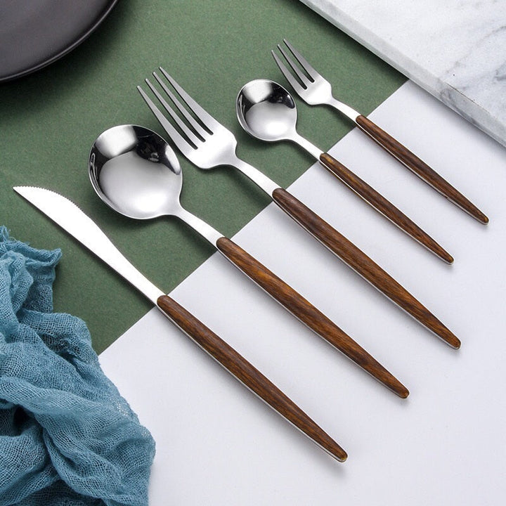 Stainless Steel Cutlery Set with Wooden Handle - WoodCraft-Gold-State of Style
