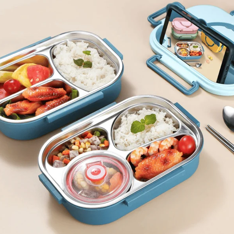 Stainless Steel Thermo Lunchbox - SteelLunch-Yellow-3 Compartments with Soup Bowls-State of Style