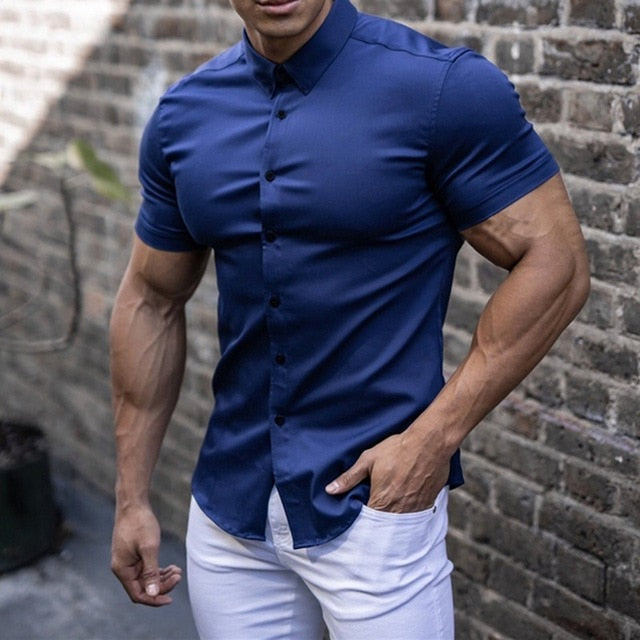 Stretch Short Sleeve Muscle Shirt - LeoFit-Blue-M-State of Style
