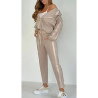 Striped leisure two-piece with hood & waistband – Cosima-Brown-S-State of Style