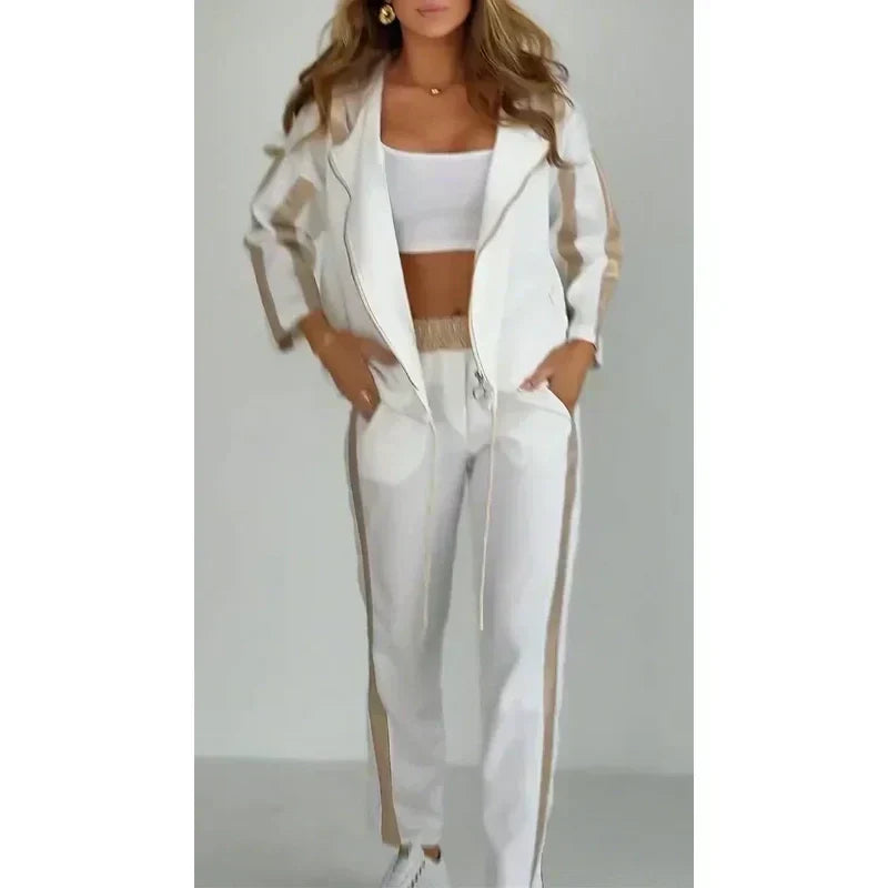 Striped leisure two-piece with hood & waistband – Cosima-White-S-State of Style