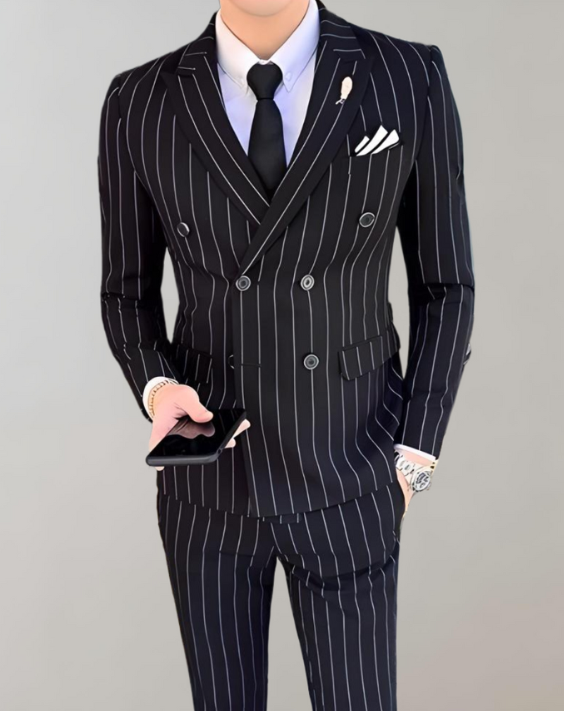 Striped Men's Double-Breasted Suit - Maxim-Black-S-State of Style