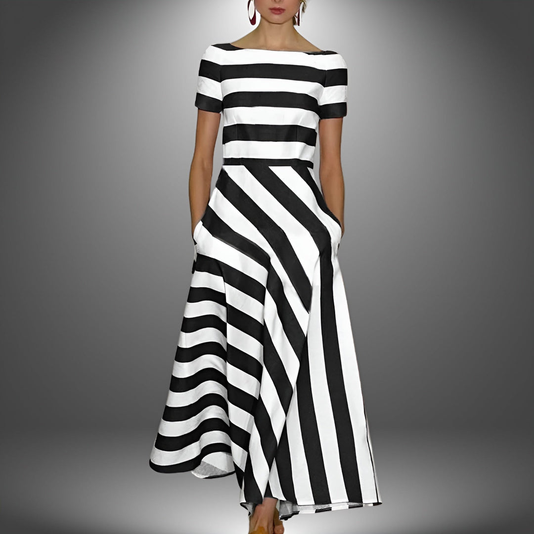 Striped & Stylish Maxi Dress with Short Sleeves – Noemi-Black-S-State of Style