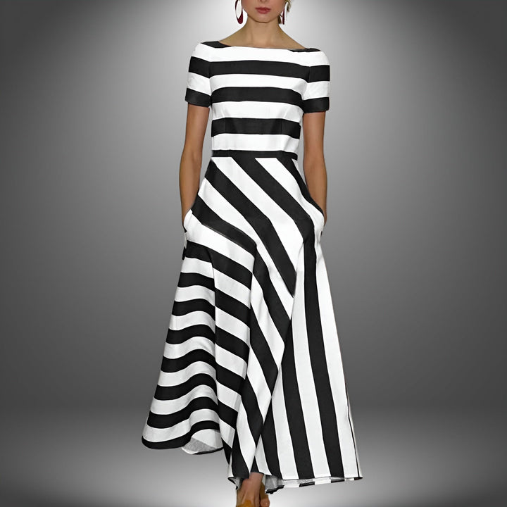 Striped & Stylish Maxi Dress with Short Sleeves – Noemi-Black-S-State of Style