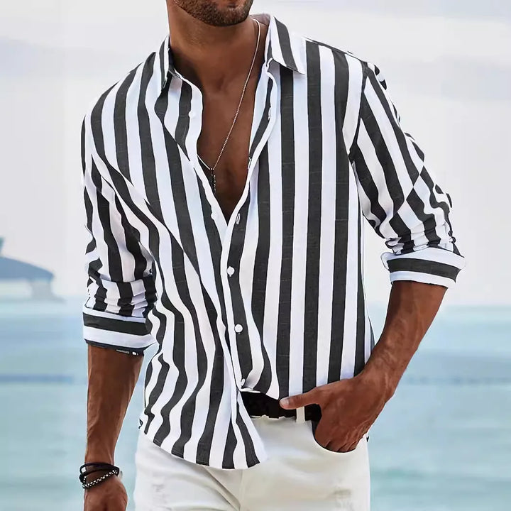 Striped summer shirt made of cotton and linen for men - Moritz-Black-S-State of Style