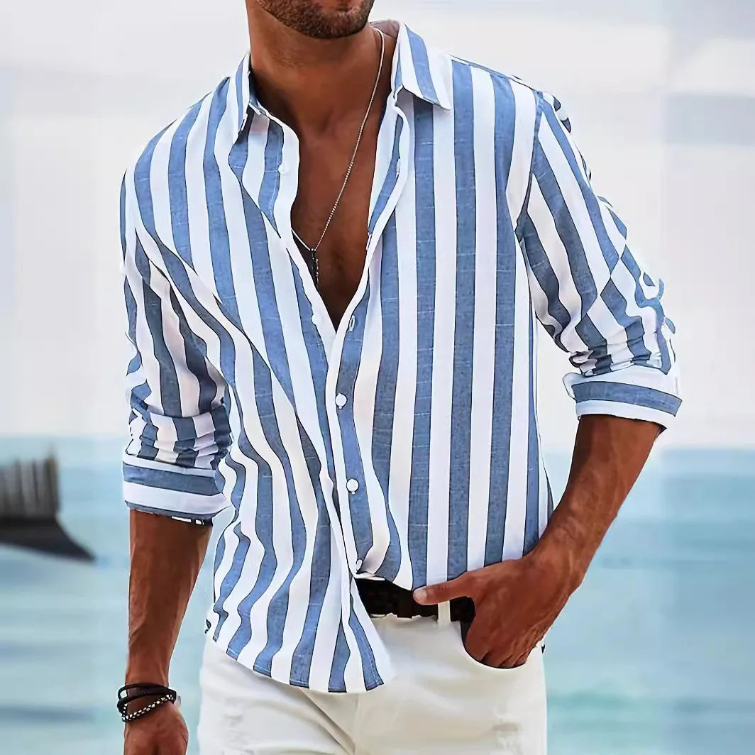 Striped summer shirt made of cotton and linen for men - Moritz-Blue-S-State of Style