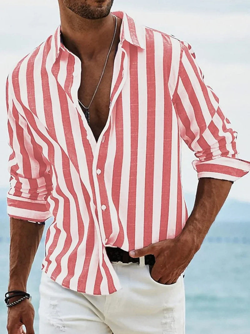Striped summer shirt made of cotton and linen for men - Moritz-Red-S-State of Style