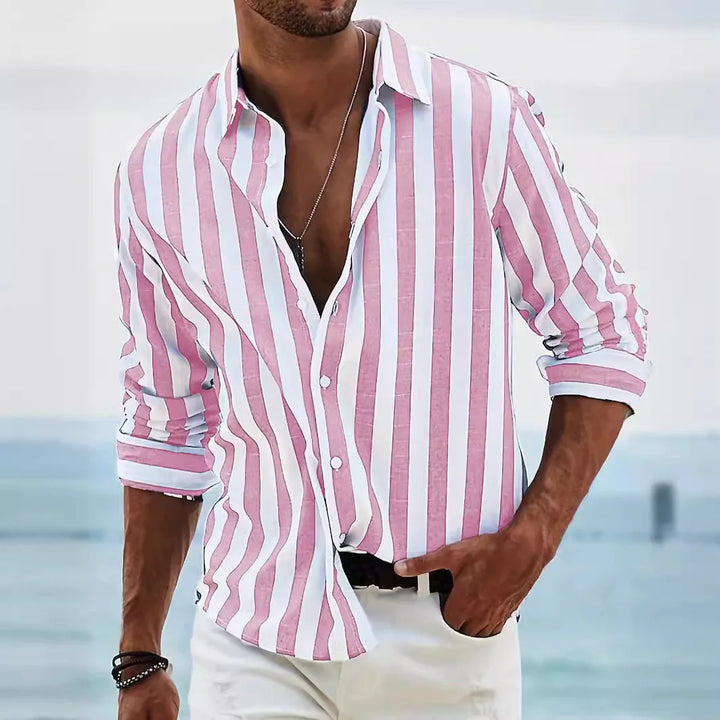 Striped summer shirt made of cotton and linen for men - Moritz-Red-S-State of Style