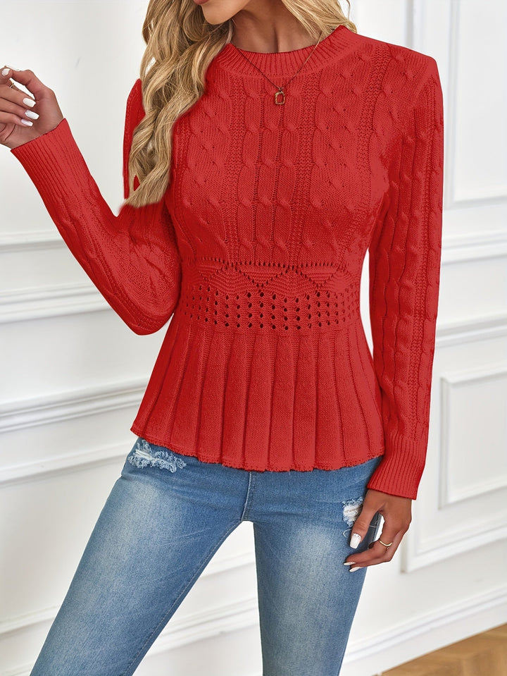 Sturdy Cable Knit Sweater with Round Neck - Elena-Beige-S-State of Style