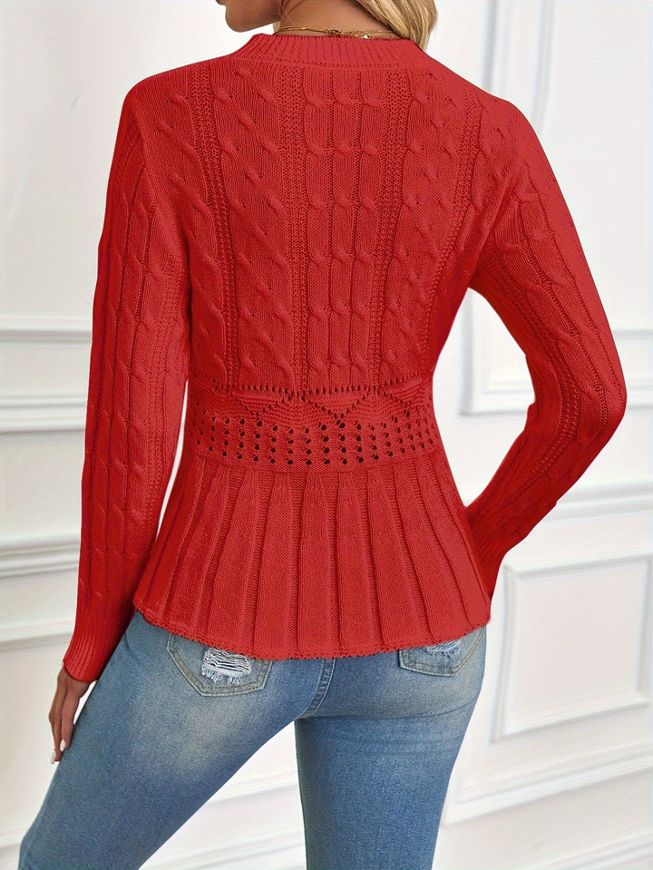 Sturdy Cable Knit Sweater with Round Neck - Elena-Beige-S-State of Style