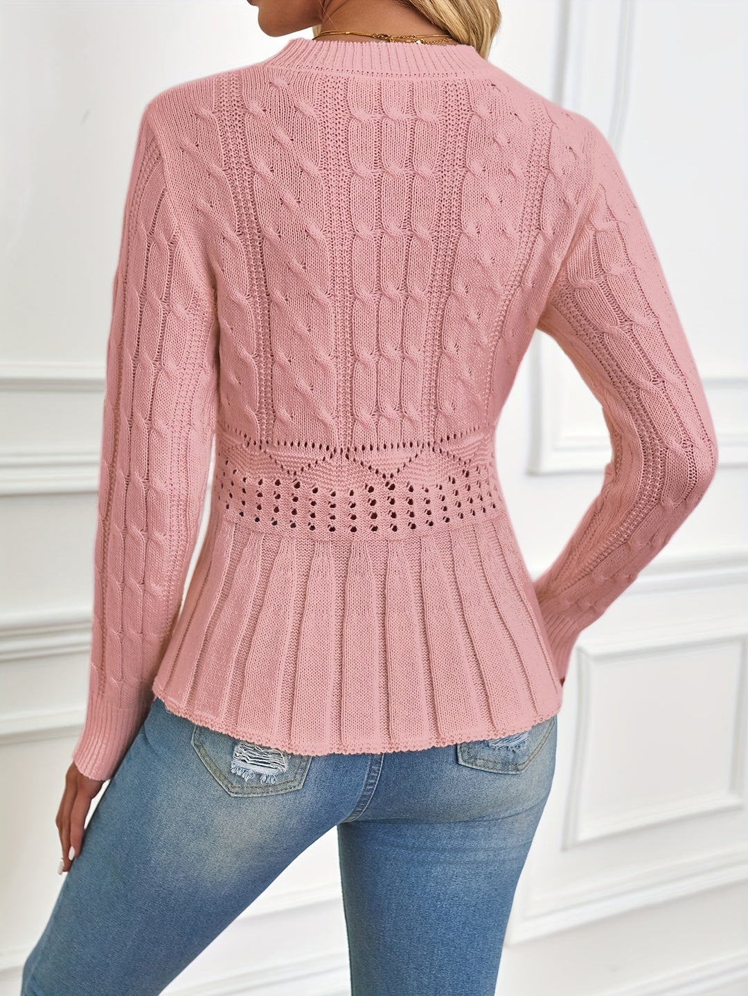 Sturdy Cable Knit Sweater with Round Neck - Elena-Beige-S-State of Style