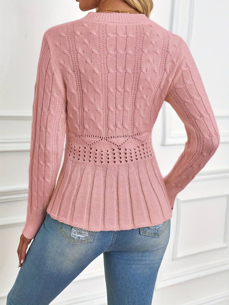 Sturdy Cable Knit Sweater with Round Neck - Elena-Beige-S-State of Style