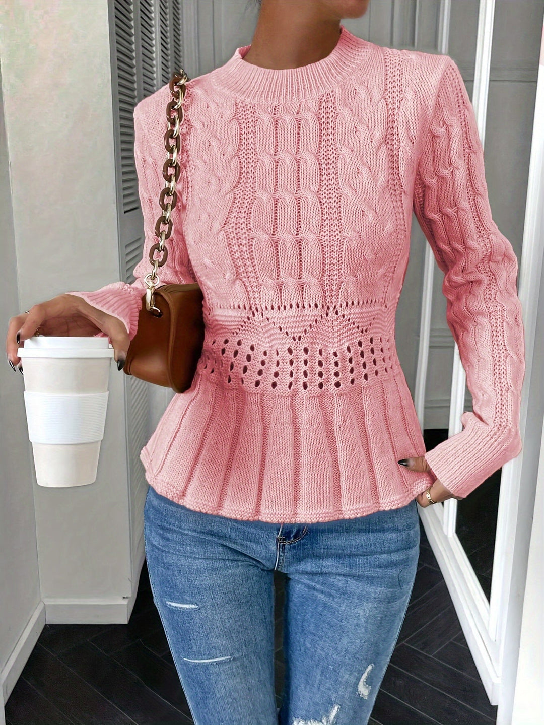 Sturdy Cable Knit Sweater with Round Neck - Elena-Pink-S-State of Style