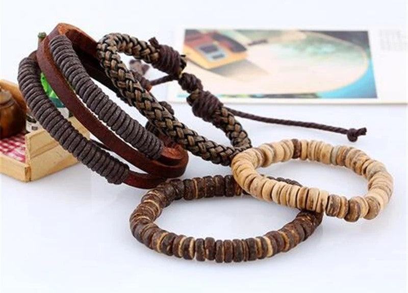 STYLISH 4-PIECE WOOD AND LEATHER BRACELET SET-SET 1-State of Style