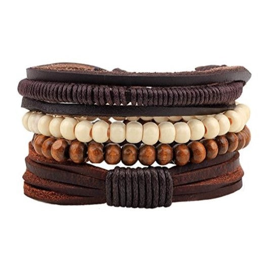 STYLISH 4-PIECE WOOD AND LEATHER BRACELET SET-SET 4-State of Style