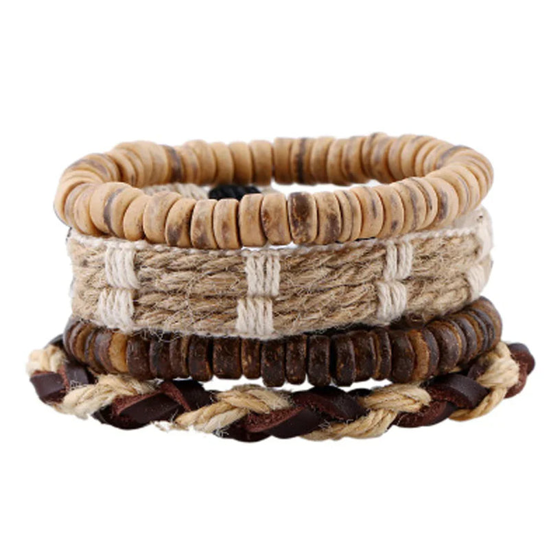 STYLISH 4-PIECE WOOD AND LEATHER BRACELET SET-SET 9-State of Style