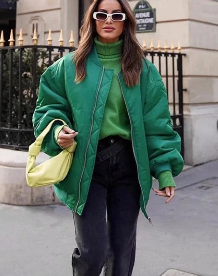 Stylish Bergère Zip-Up Jacket for Women-Green-S-State of Style
