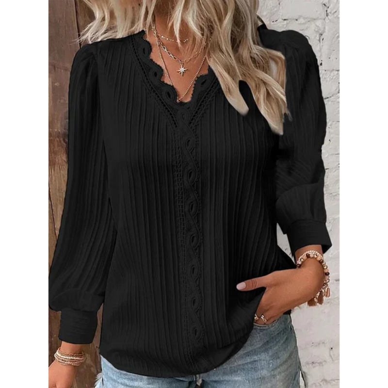 Stylish ladies' blouse with a V-neck & long sleeves – Alvara-Black-S-State of Style