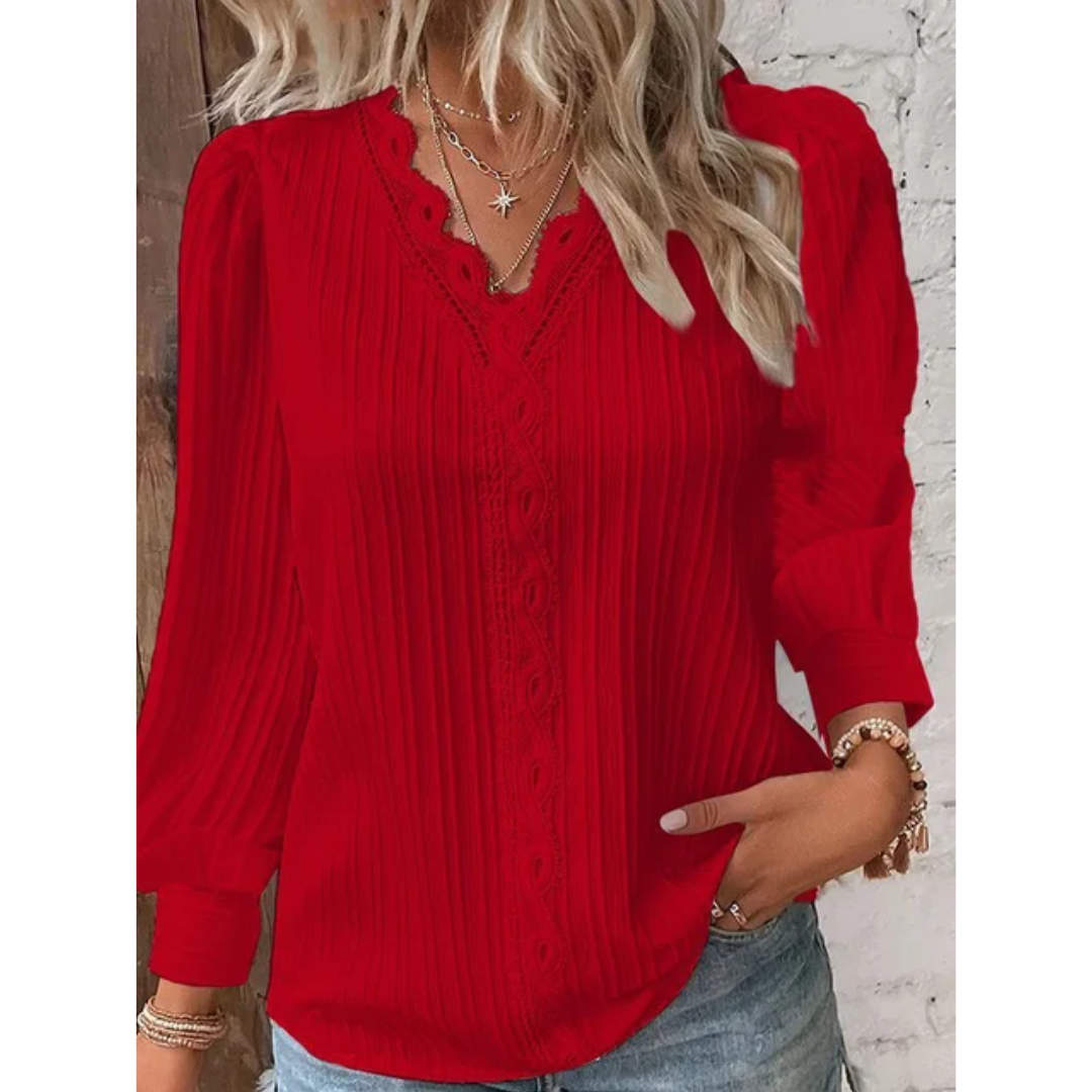 Stylish ladies' blouse with a V-neck & long sleeves – Alvara-Red-S-State of Style
