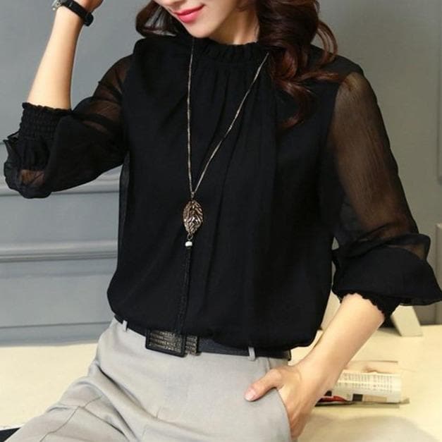 Stylish ladies' chiffon blouse with ruffles & transparent sleeves – Elina-Black-S-State of Style
