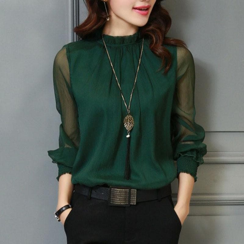 Stylish ladies' chiffon blouse with ruffles & transparent sleeves – Elina-Green-S-State of Style