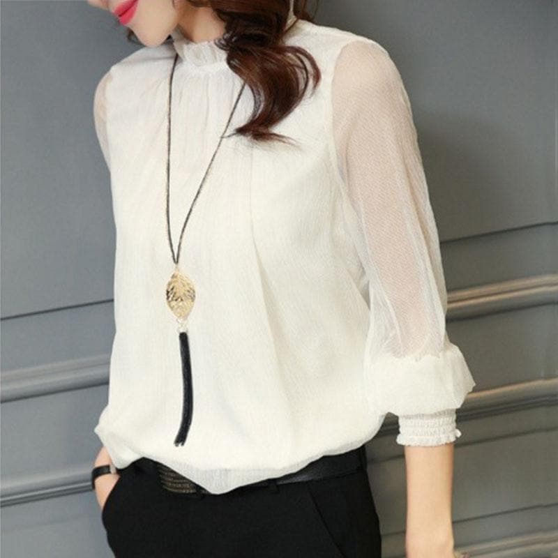 Stylish ladies' chiffon blouse with ruffles & transparent sleeves – Elina-White-S-State of Style