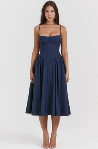 Stylish ladies' summer dress with spaghetti straps & waist corset – Mira-Blue-S-State of Style