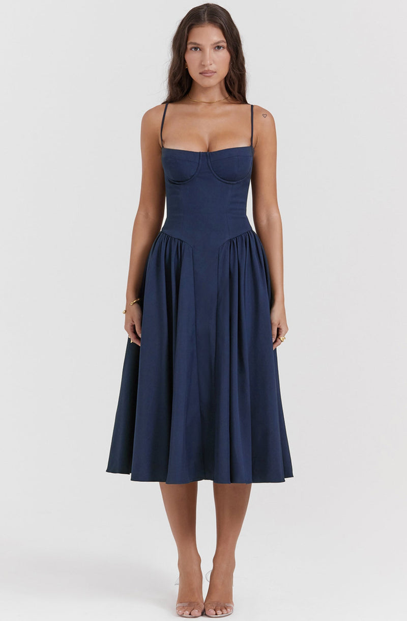 Stylish ladies' summer dress with spaghetti straps & waist corset – Mira-Blue-S-State of Style