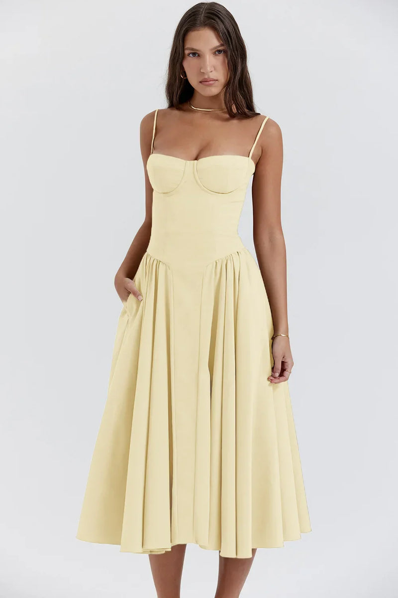 Stylish ladies' summer dress with spaghetti straps & waist corset – Mira-Blue-S-State of Style