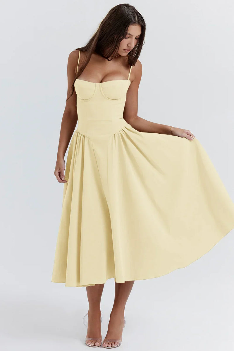 Stylish ladies' summer dress with spaghetti straps & waist corset – Mira-Blue-S-State of Style