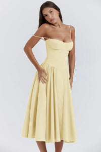 Stylish ladies' summer dress with spaghetti straps & waist corset – Mira-Blue-S-State of Style