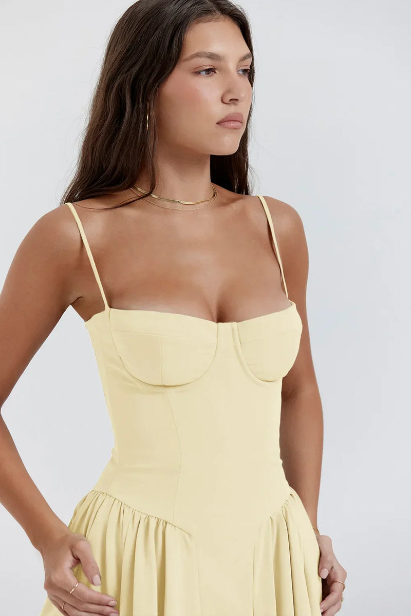 Stylish ladies' summer dress with spaghetti straps & waist corset – Mira-Blue-S-State of Style