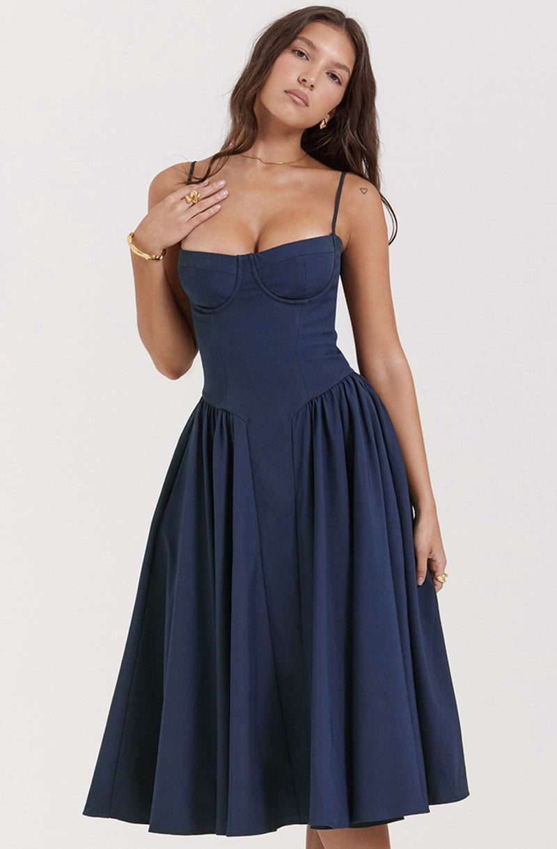 Stylish ladies' summer dress with spaghetti straps & waist corset – Mira-Blue-S-State of Style