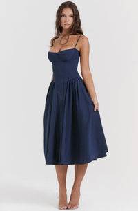 Stylish ladies' summer dress with spaghetti straps & waist corset – Mira-Blue-S-State of Style
