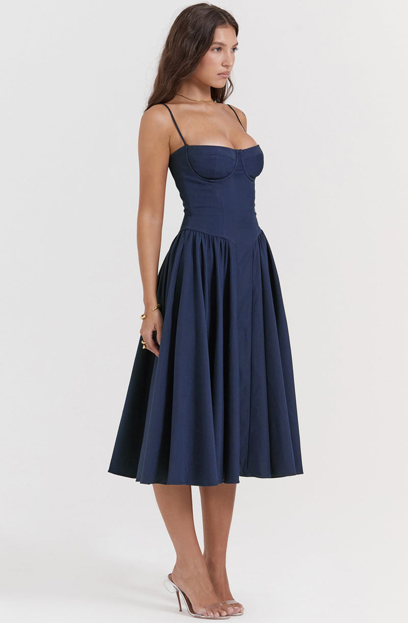 Stylish ladies' summer dress with spaghetti straps & waist corset – Mira-Blue-S-State of Style